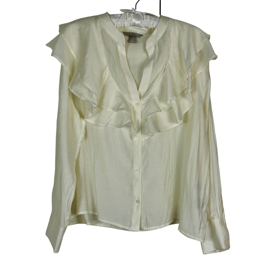 H&M Cream Ruffle Front Long Sleeve‎ Button Down Blouse Top Womens XL